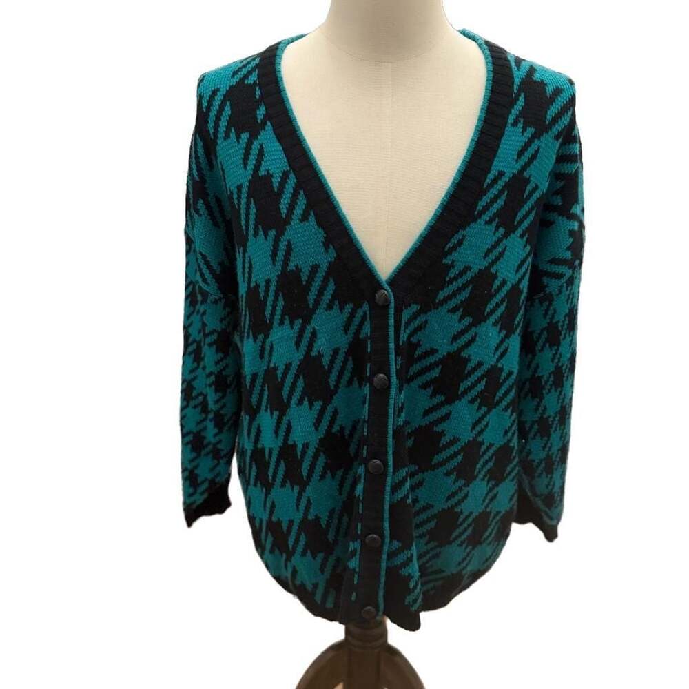 Vintage Teal and Black Houndstooth Long Sleeve Button Down Cardigan 18-20